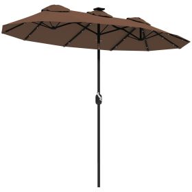 Outsunny Double-sided Patio Umbrella, 9.7 ft. Outdoor Umbrella with 45-Degree Tilt and Crank, LED Solar Light and 12 Ribs, Coffee