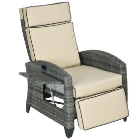 Outsunny Patio Recliner Chair, Adjustable Backrest, Cushion, Side Tray, Comfortable Outdoor Seating, Khaki