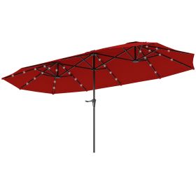 Outsunny 13ft Double-Sided Market Umbrella, Large Patio Umbrella with Solar Lights, Crank Handle for Garden, Pool, Yard, Wine Red