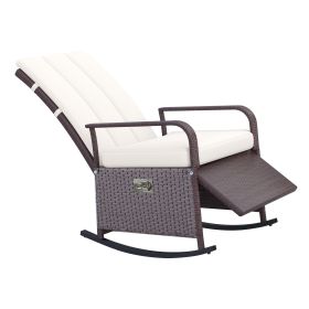 Outsunny Rattan Wicker Rocking Chair Outdoor Patio Recliner Cream Soft Cushion Adjustable Footrest