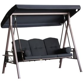 Outsunny Patio Swing 3-Person Steel Canopy Bench with Side Trays Padded Comfort in Black